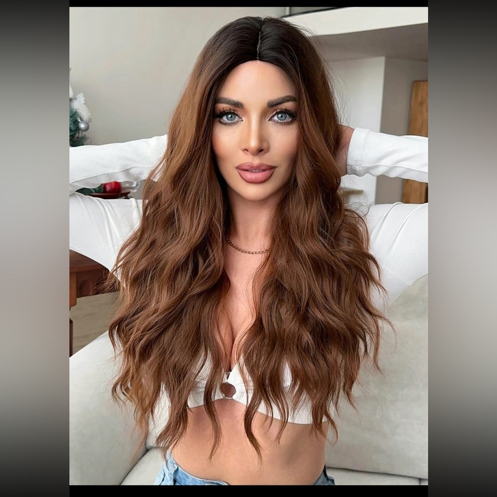 28 inches ombré brown wig synthetic